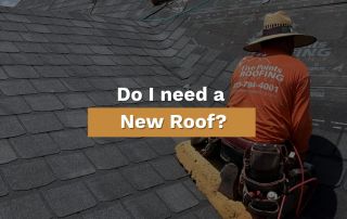 roofer shingling a roof for Five Points Roofing with the text across reading "Do I need a New Roof?"