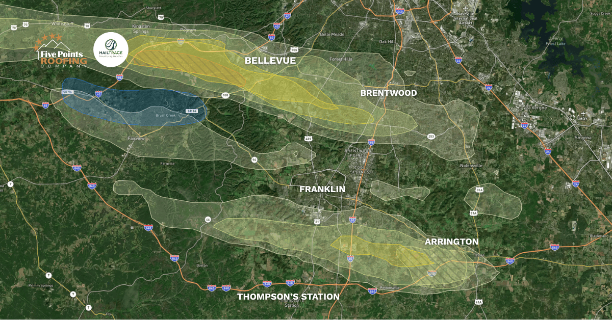 HailTrace storm map showing hail swaths across Bellevue, Brentwood, Franklin, and Arrington, TN