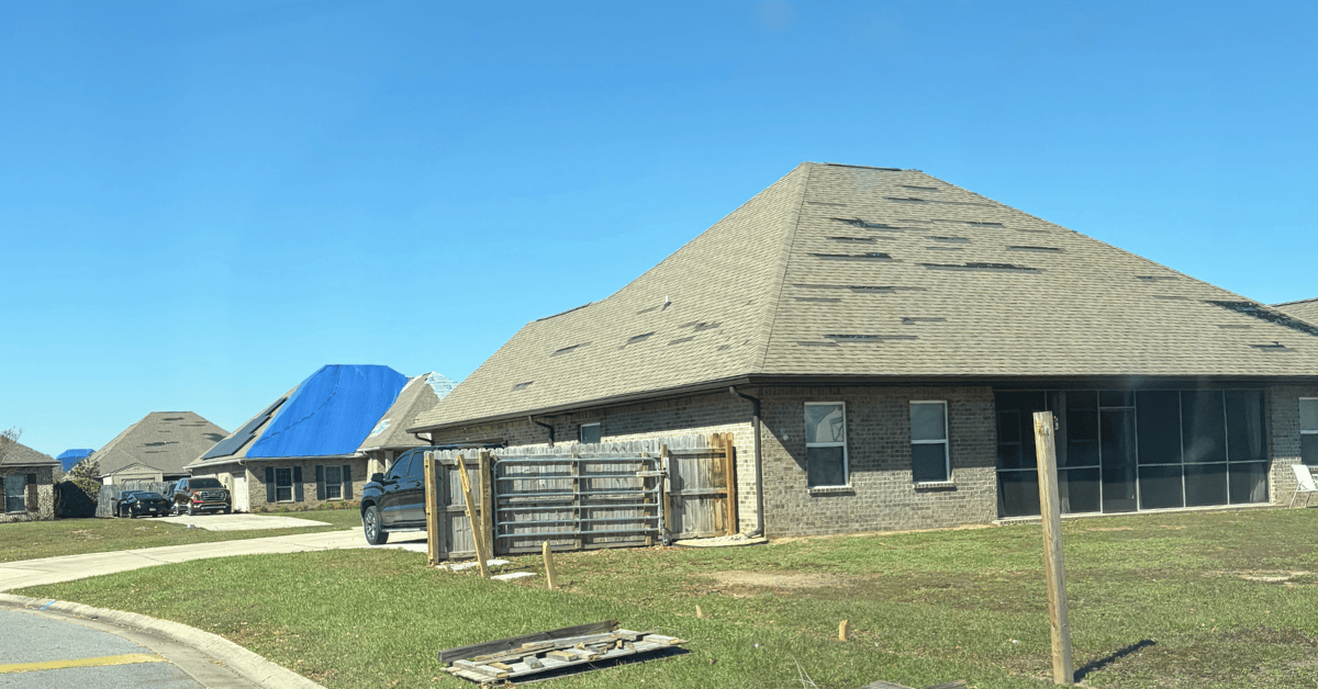 Tan architectural shingle hip roof with dozens of missing tabs in rows, blue tarp on a neighboring roof